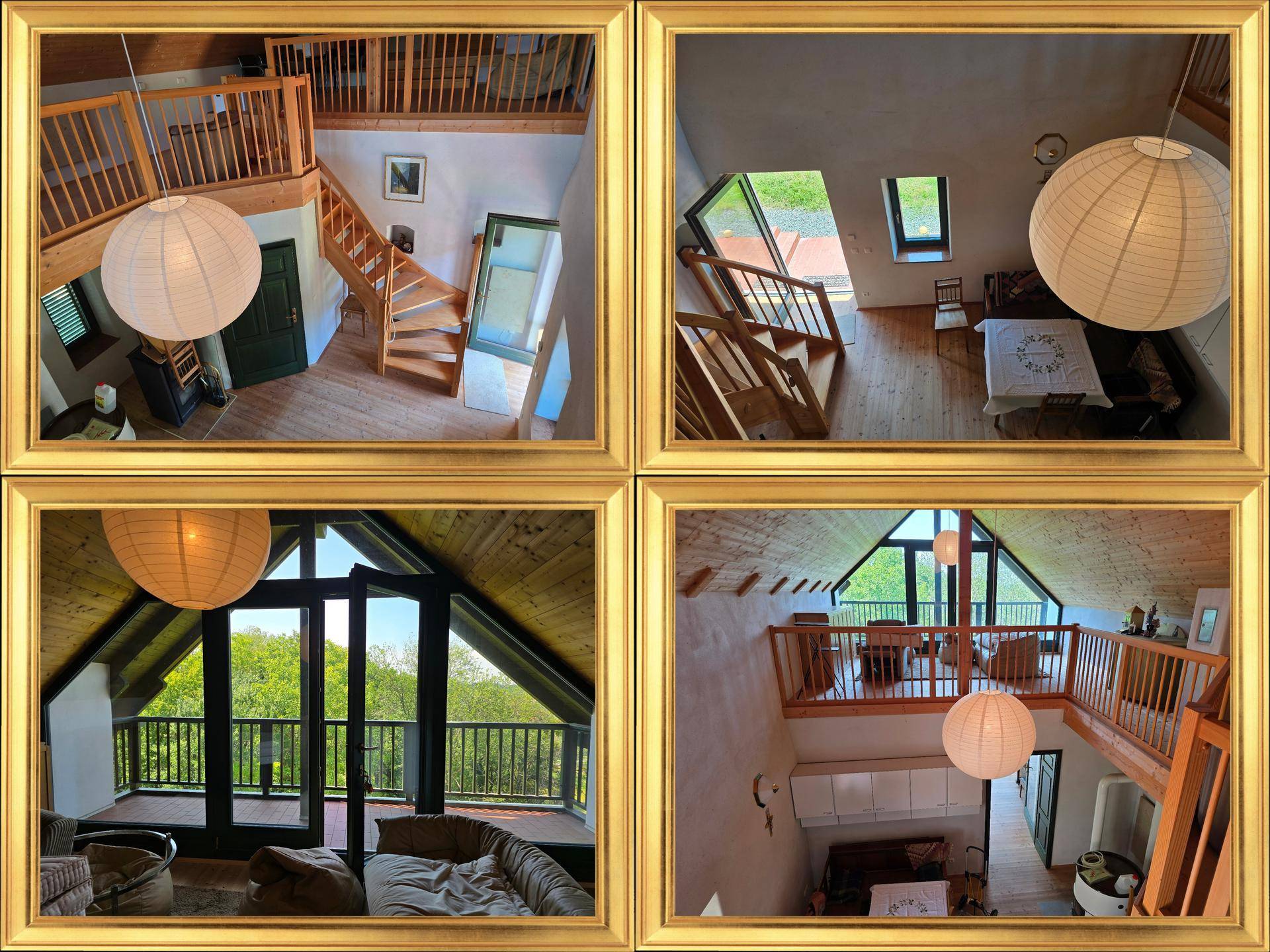 Verschiedene Perspektiven eines offenen Wohnbereichs mit Holzböden, hohen Decken und großen Fenstern mit grüner Aussicht.