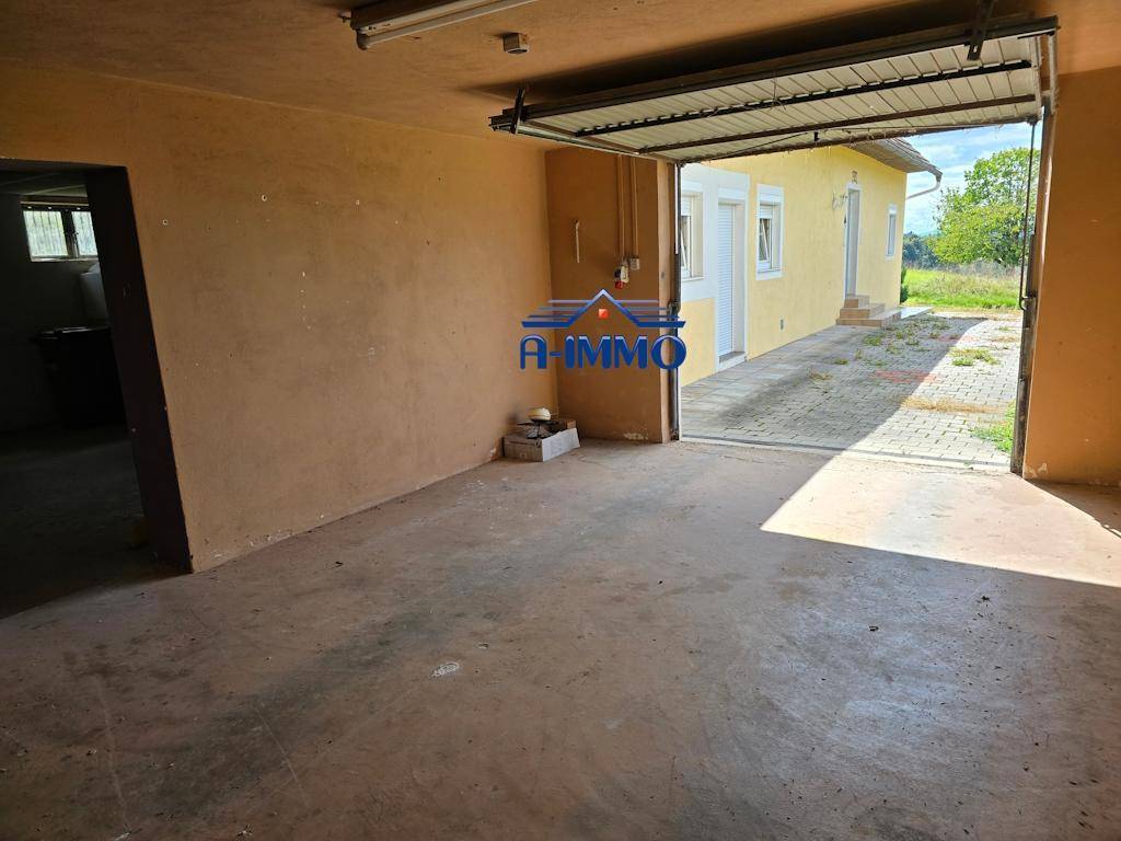 Innenansicht einer Garage mit Betonboden und offenem Tor zum Außenbereich.