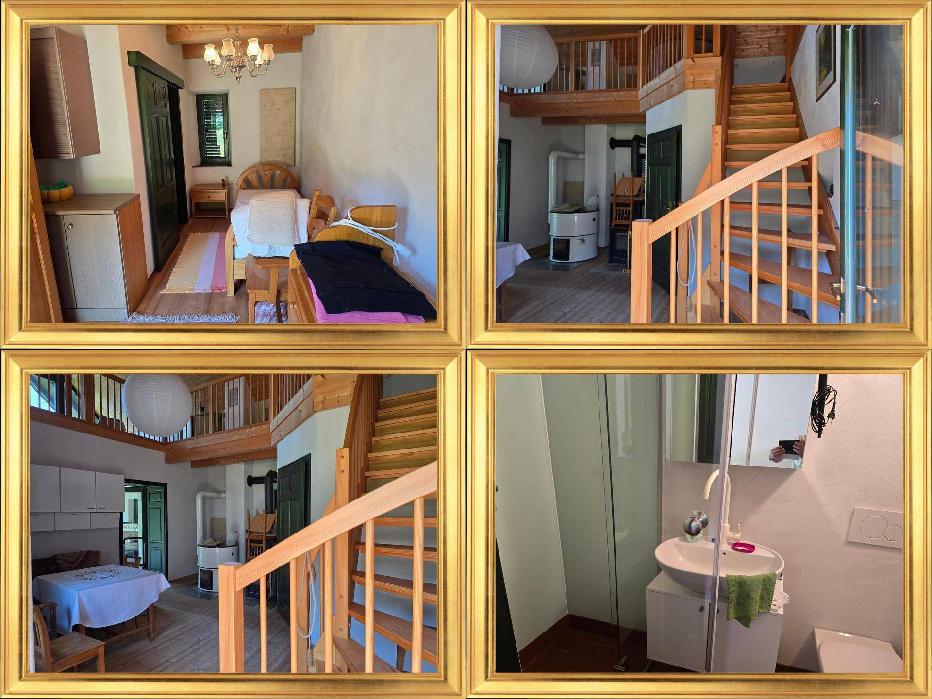 Collage zeigt Schlafzimmer, Holztreppe und Badezimmer mit modernem Waschbecken.