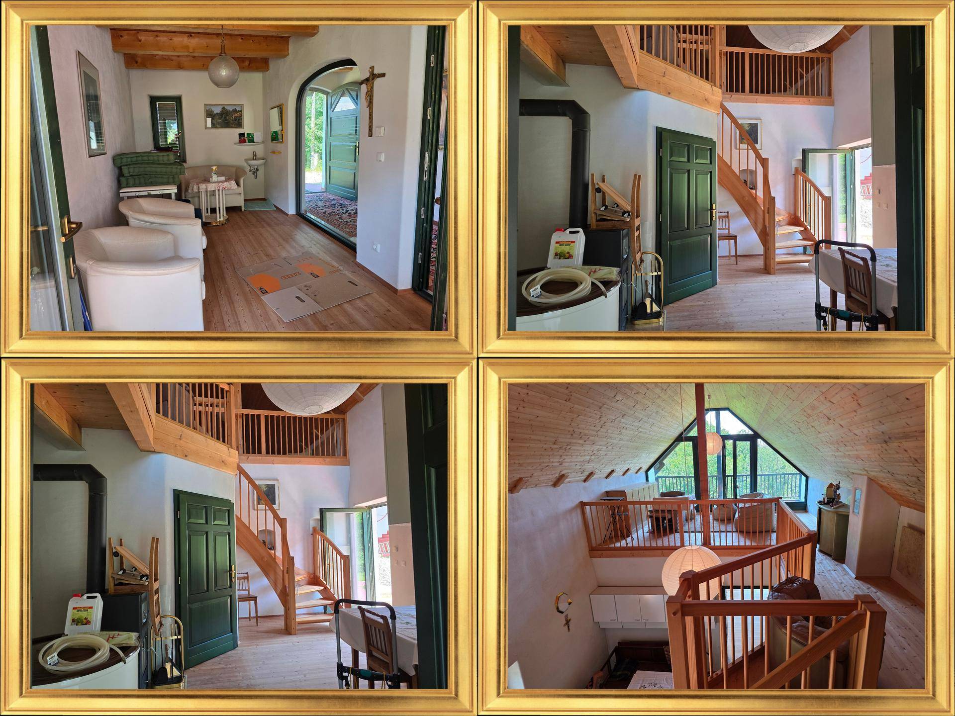 Collage zeigt Eingangsbereich und Treppenhaus mit Holzböden und Zugang zu weiteren Räumen.