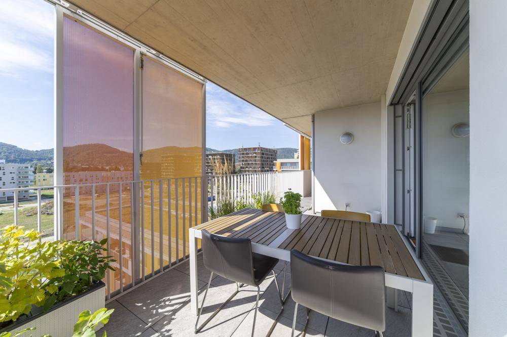 Möblierter Balkon mit Esstisch, Pflanzen und Blick auf die umliegende Bebauung.