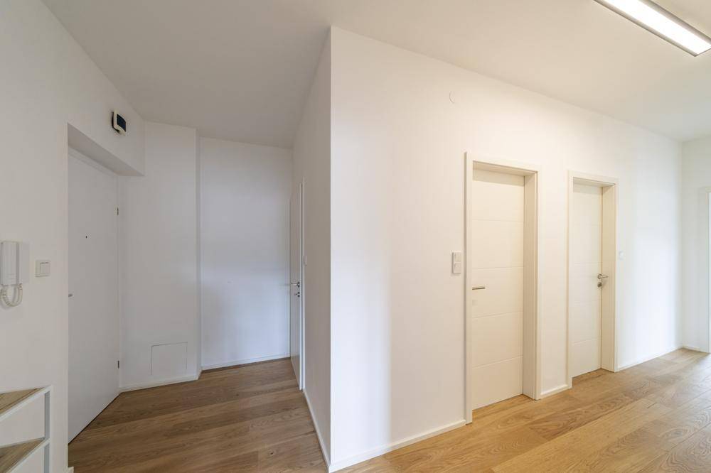 Heller Eingangsbereich mit Holzboden und modernen weißen Türen.