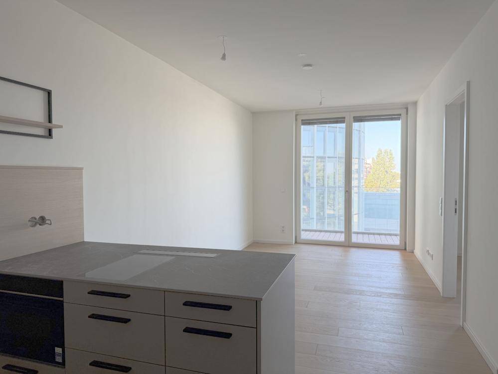Heller Wohnbereich mit integrierter Küchenzeile und Zugang zu einem Balkon durch große Fenster.