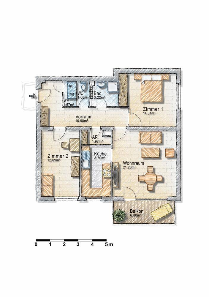 Detaillierter Grundriss der Wohnung mit Zimmeraufteilung und Balkon.