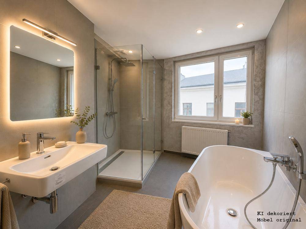 Modernes Badezimmer mit freistehender Badewanne, begehbarer Dusche und großem Fenster.