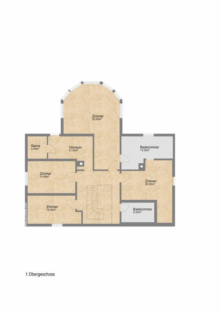 Grundriss des Obergeschosses mit mehreren Zimmern, zwei Bädern, einer Sauna und Treppenaufgang.
