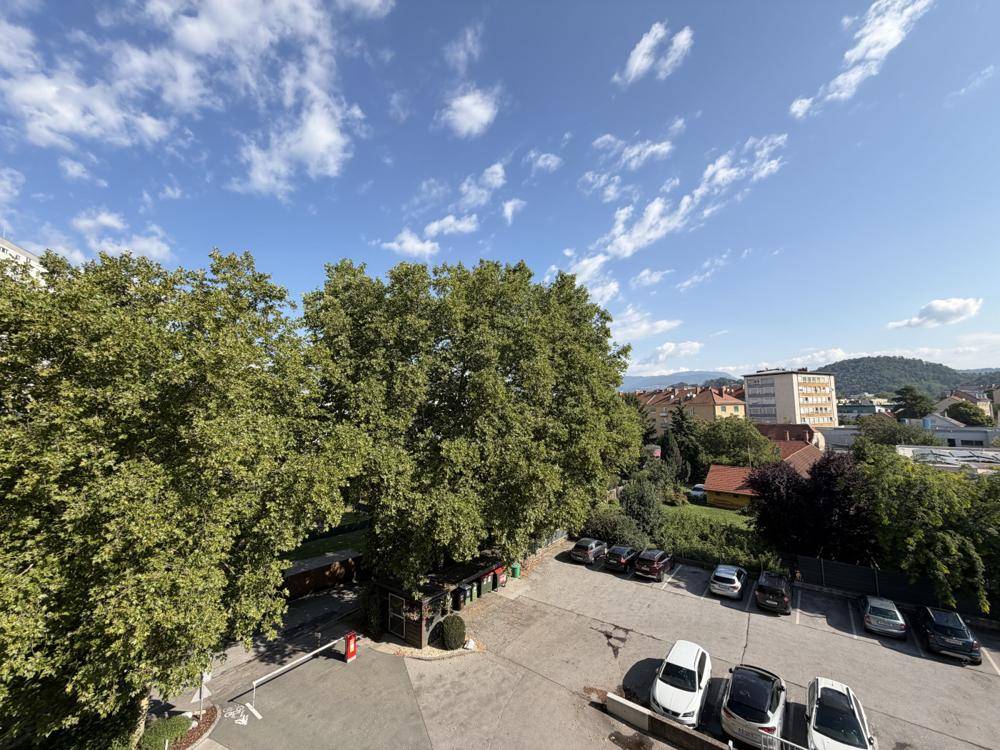 Panoramablick auf einen Parkplatz und üppige Bäume unter einem weiten blauen Himmel.