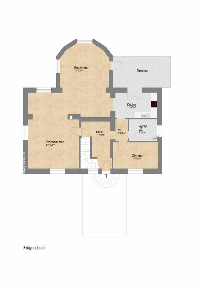 Grundriss des Erdgeschosses mit Wohnzimmer, Esszimmer, Küche und Terrasse.