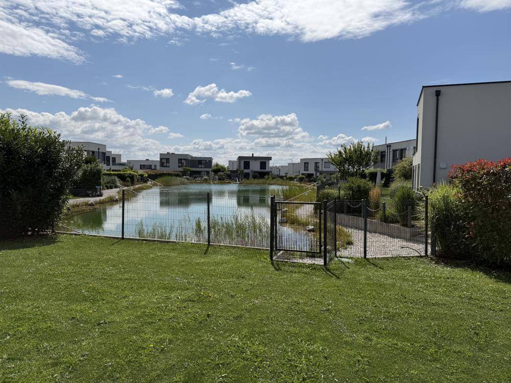 Gepflegter Gartenbereich mit Rasenfläche und direktem Zugang zum natürlichen Badeteich.