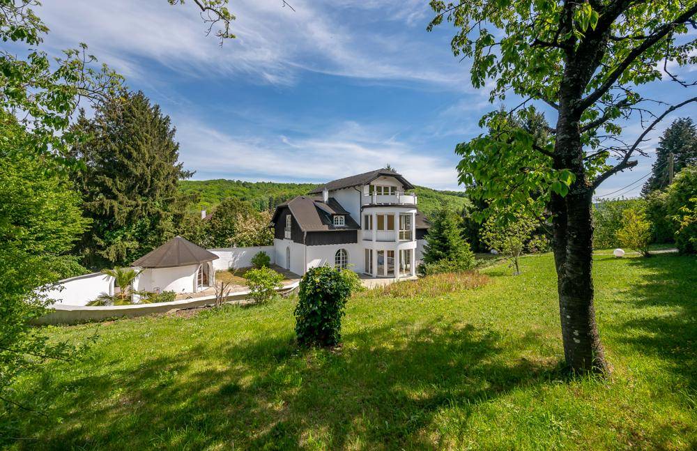 Weitläufiger Gartenbereich mit altem Baumbestand und Blick auf die elegante Villa.
