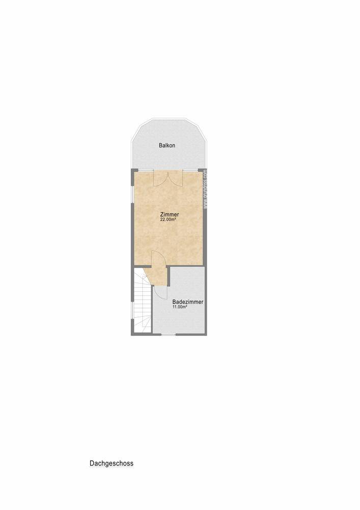 Grundriss des Dachgeschosses mit einem Zimmer, Bad und direktem Zugang zu einem Balkon.