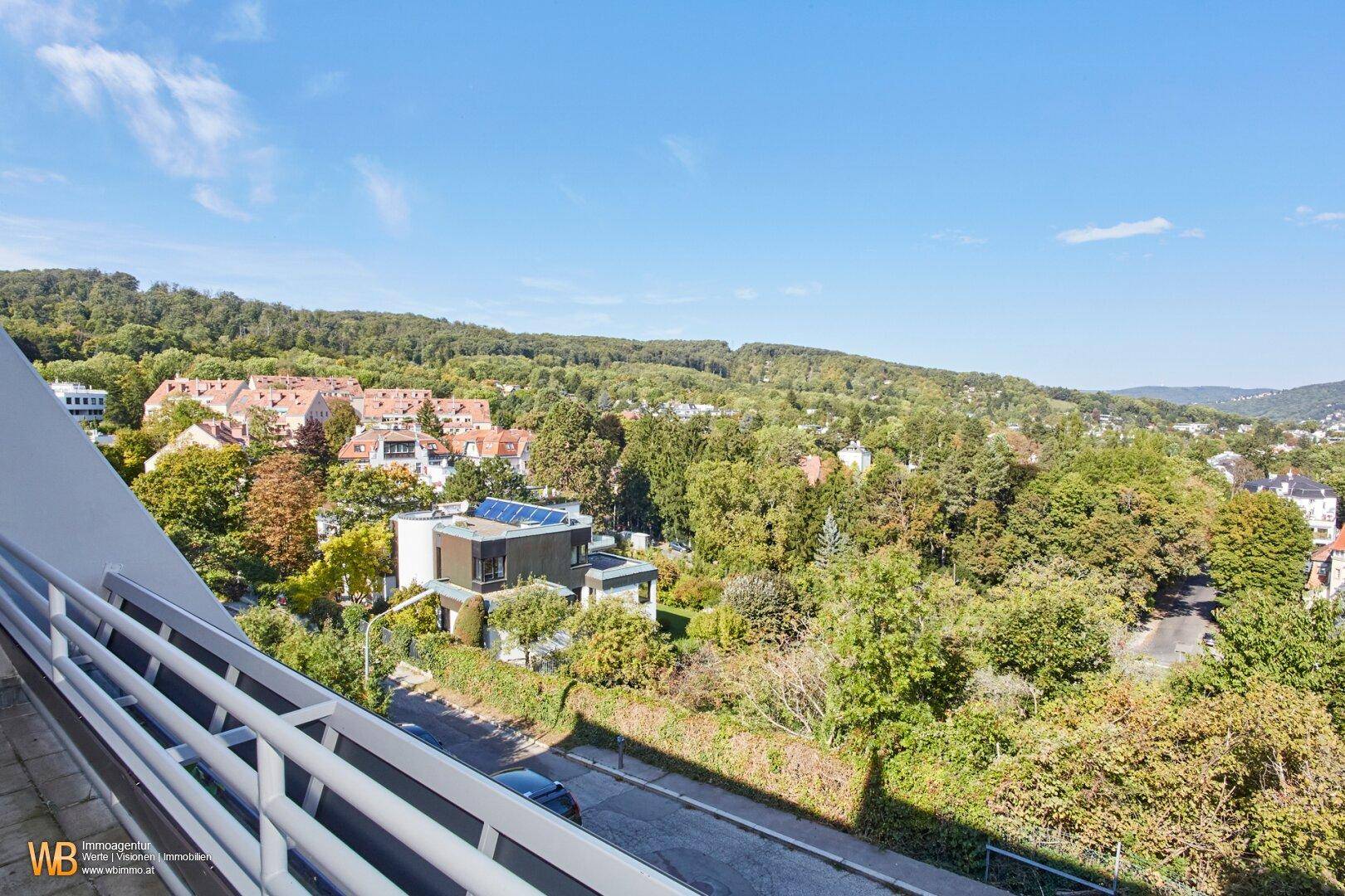 Panoramablick vom Balkon auf eine Straße, umgeben von viel Grün und einer Stadtkulisse in der Ferne.