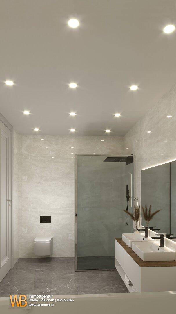 Modernes Badezimmer mit Doppelwaschbecken, begehbarer Dusche und eleganten Marmorfliesen.