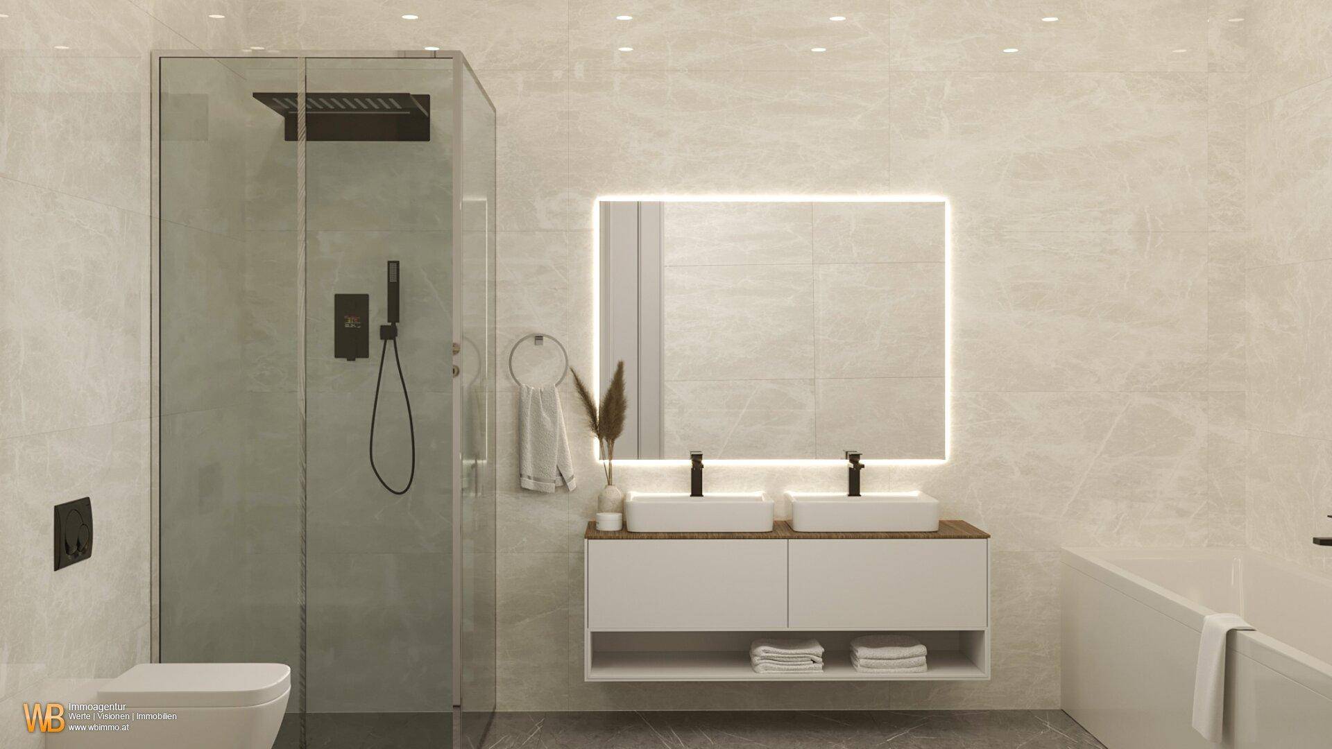 Modernes Badezimmer mit Doppelwaschbecken, begehbarer Dusche, Badewanne und hellen Fliesen.