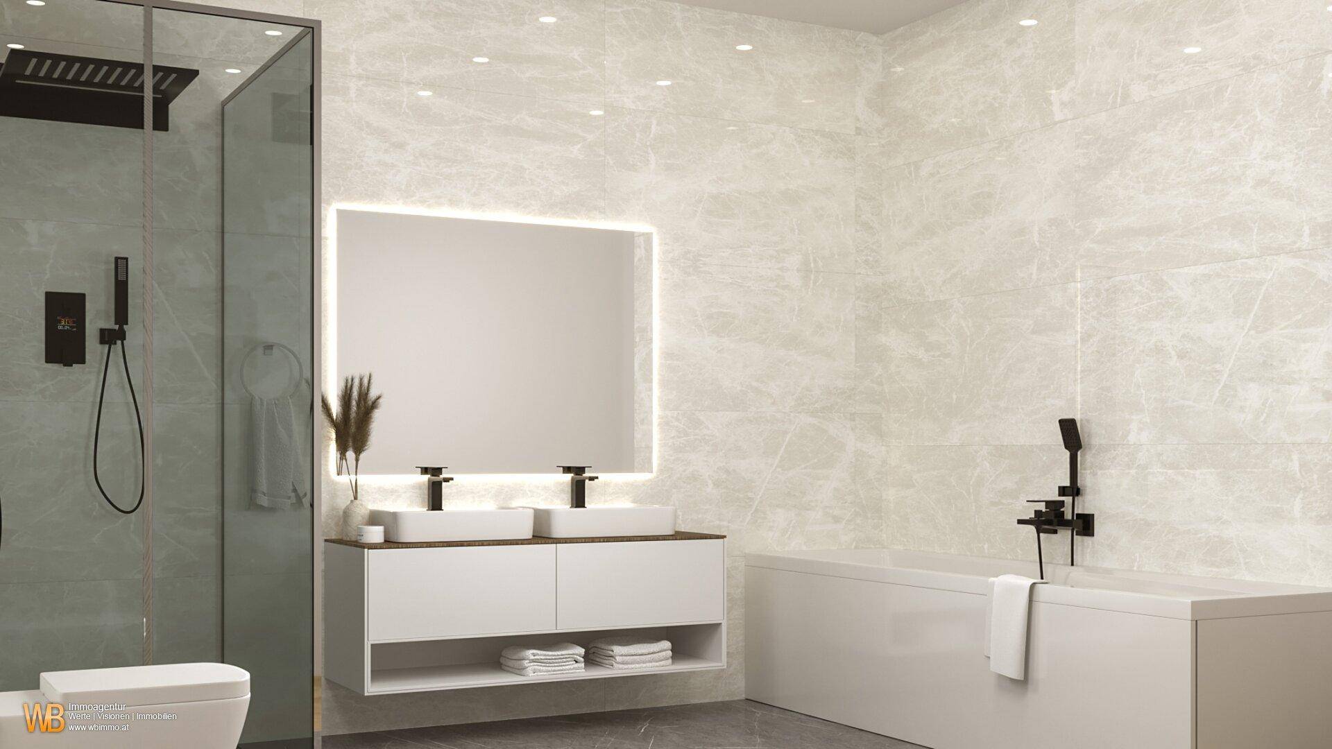 Helles Badezimmer mit Badewanne, begehbarer Dusche und Doppelwaschbecken in modernem Design.