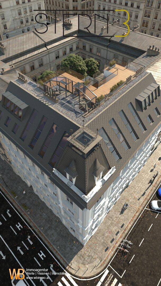Dachlandschaft eines historischen Gebäudes mit Innenhof und modernen Dachterrassen-Installationen.