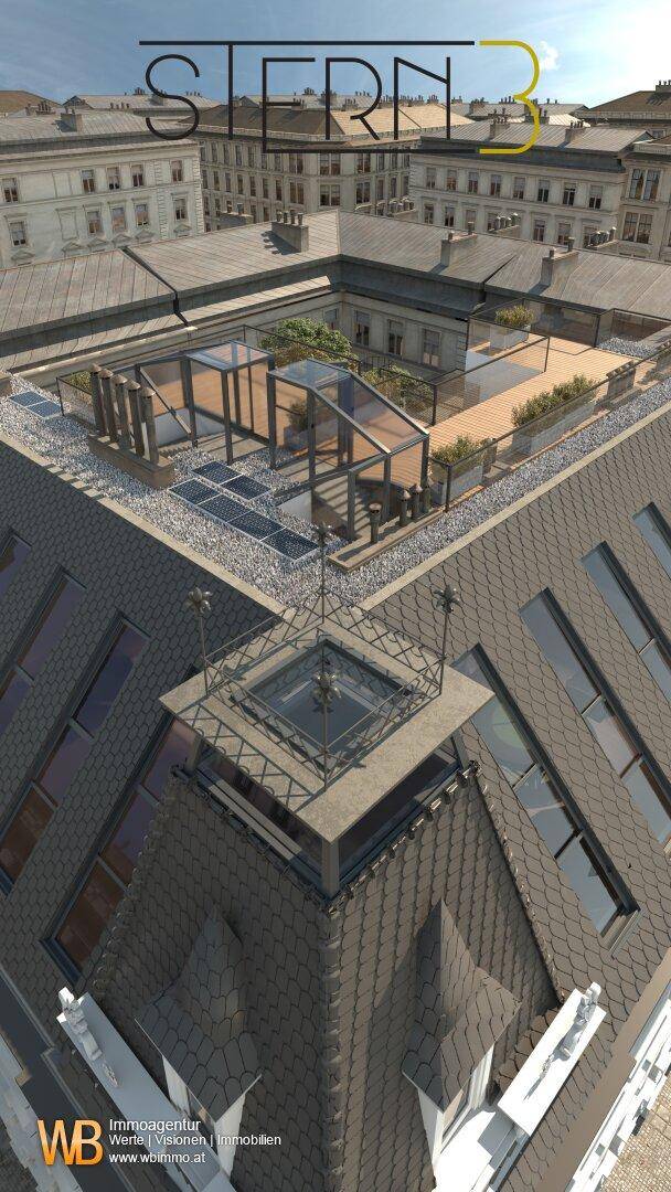 Detailansicht des Daches mit Mansarddach, Dachfenstern und einer modernen Dachterrasse im Innenhof.