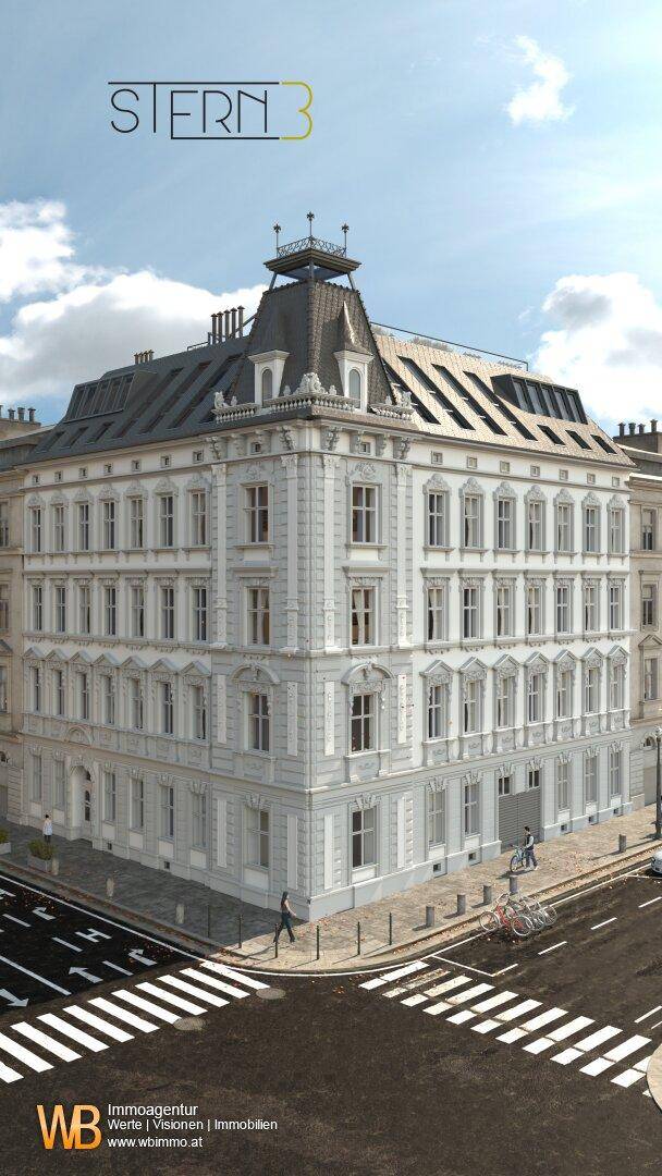 Elegantes Eckgebäude mit detailreicher Fassade und Mansarddach, eingebettet in eine städtische Kulisse.