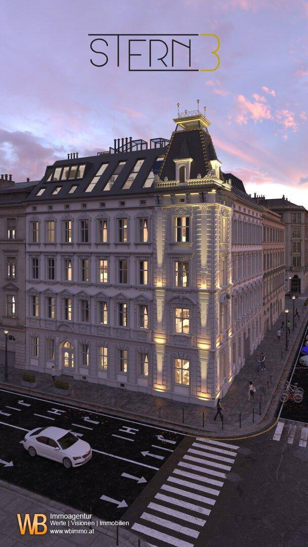 Beleuchtetes Eckgebäude bei Sonnenuntergang, das die klassische Architektur und die städtische Umgebung hervorhebt.