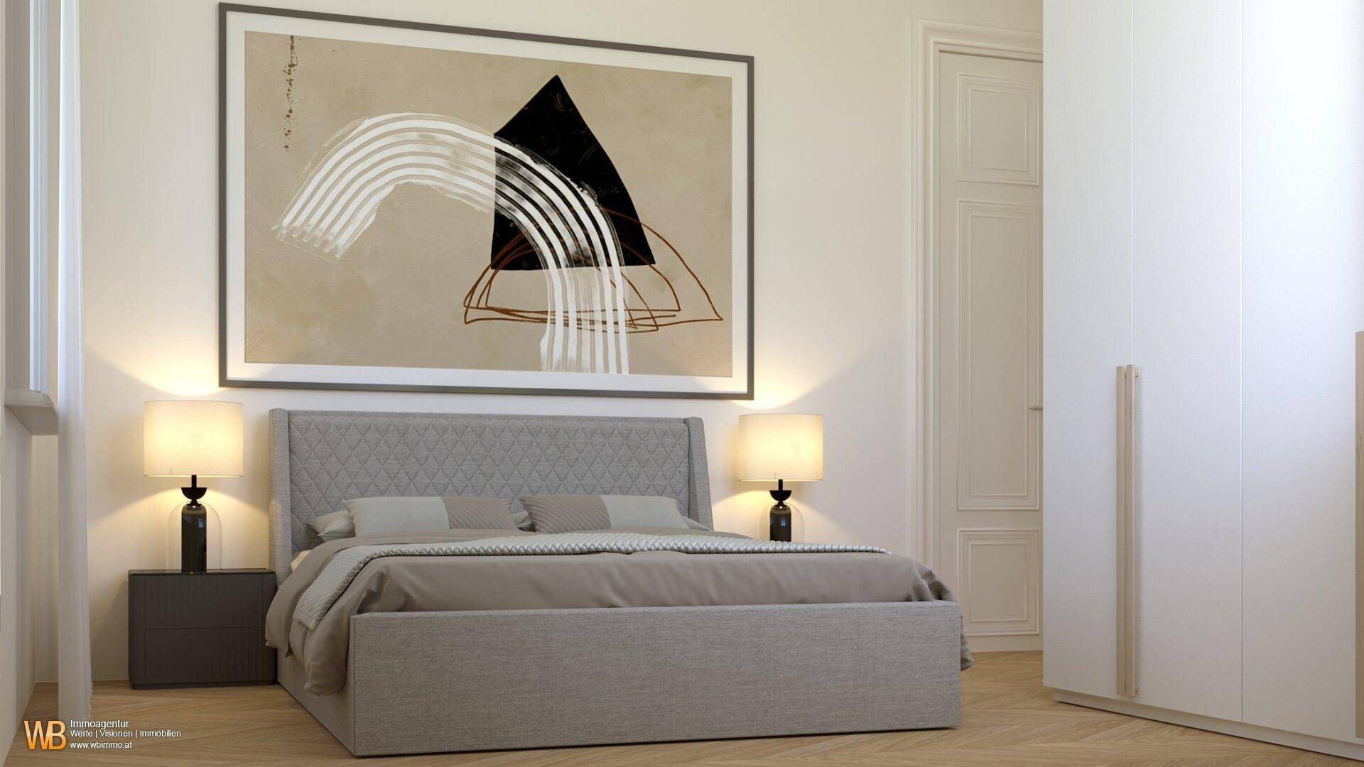 Modernes Schlafzimmer mit großem Bett, Nachttischen und integrierten Kleiderschränken.