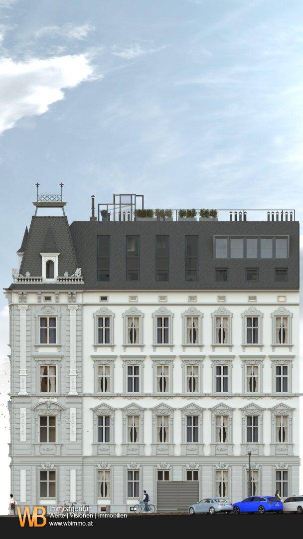 Fassadenansicht des Gebäudes mit klassischer Architektur und einem modernen Dachgeschossausbau.