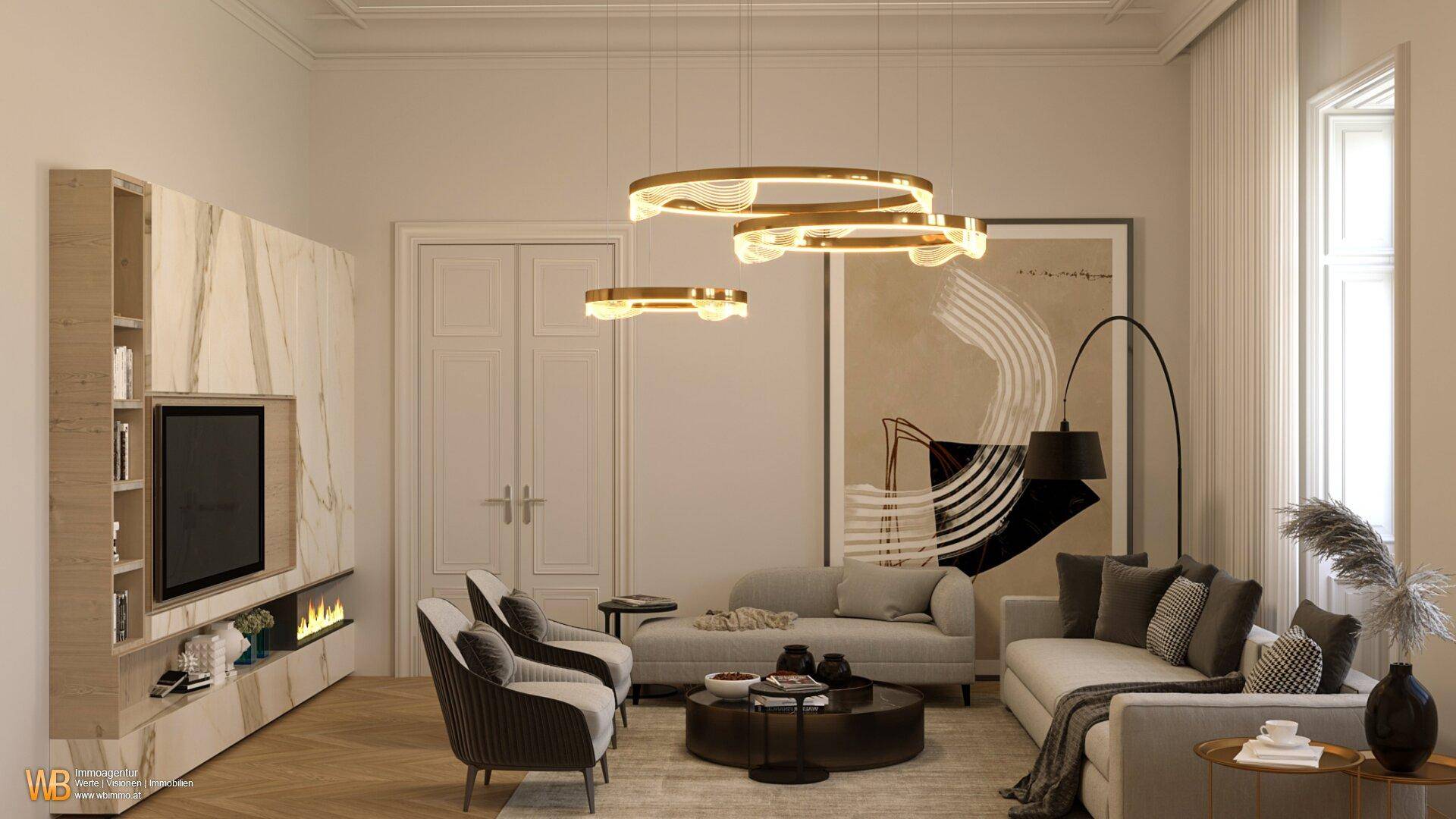 Elegantes Wohnzimmer mit modernem Design, Marmorwand und stilvoller Beleuchtung.
