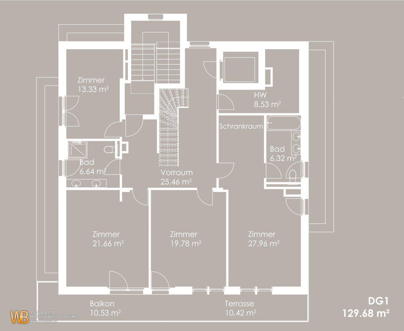 Grundriss des ersten Dachgeschosses mit mehreren Zimmern, zwei Bädern, Balkon und Terrasse.