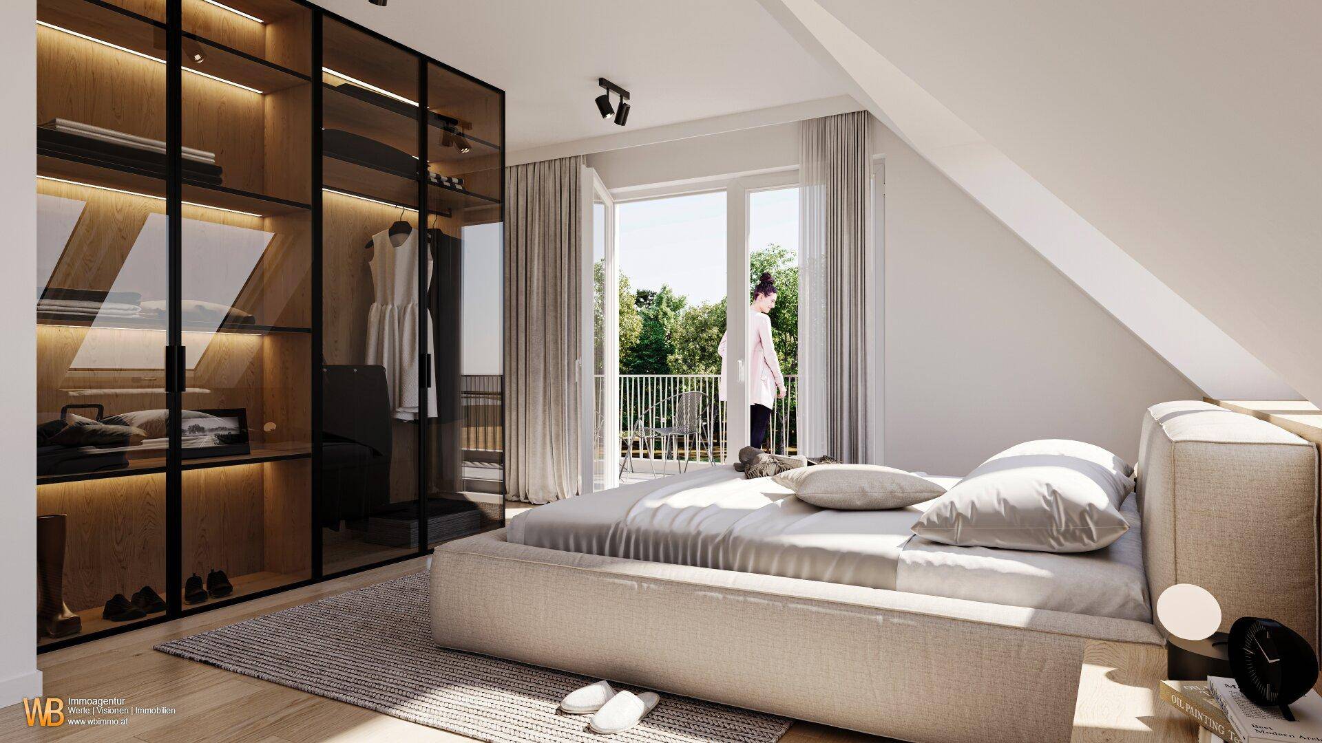 Helles Schlafzimmer im Dachgeschoss mit Zugang zum Balkon und einem modernen, begehbaren Kleiderschrank.