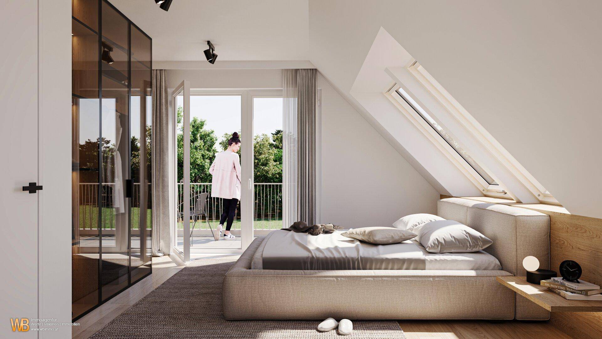 Geräumiges Schlafzimmer mit Dachfenster, Balkonzugang und integriertem Kleiderschrank, ideal für viel Licht.