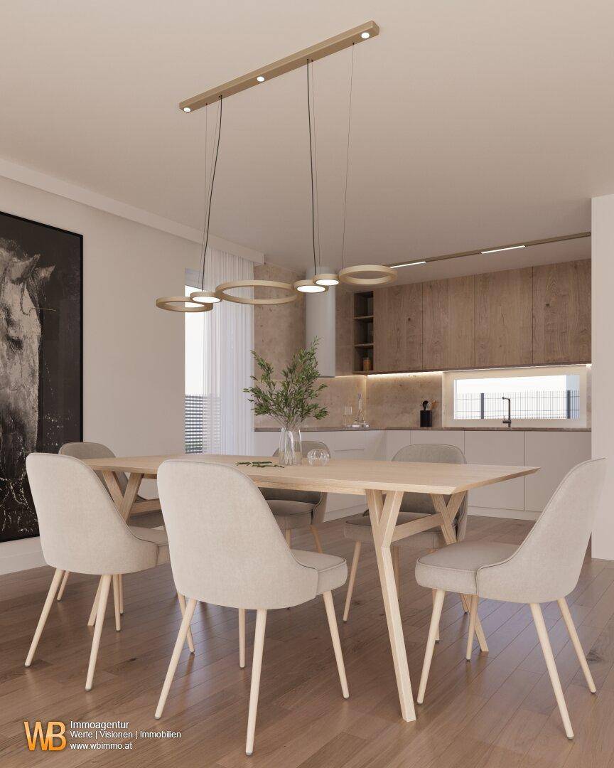 Eleganter Essbereich mit modernem Holztisch und Blick auf die offene Küche.