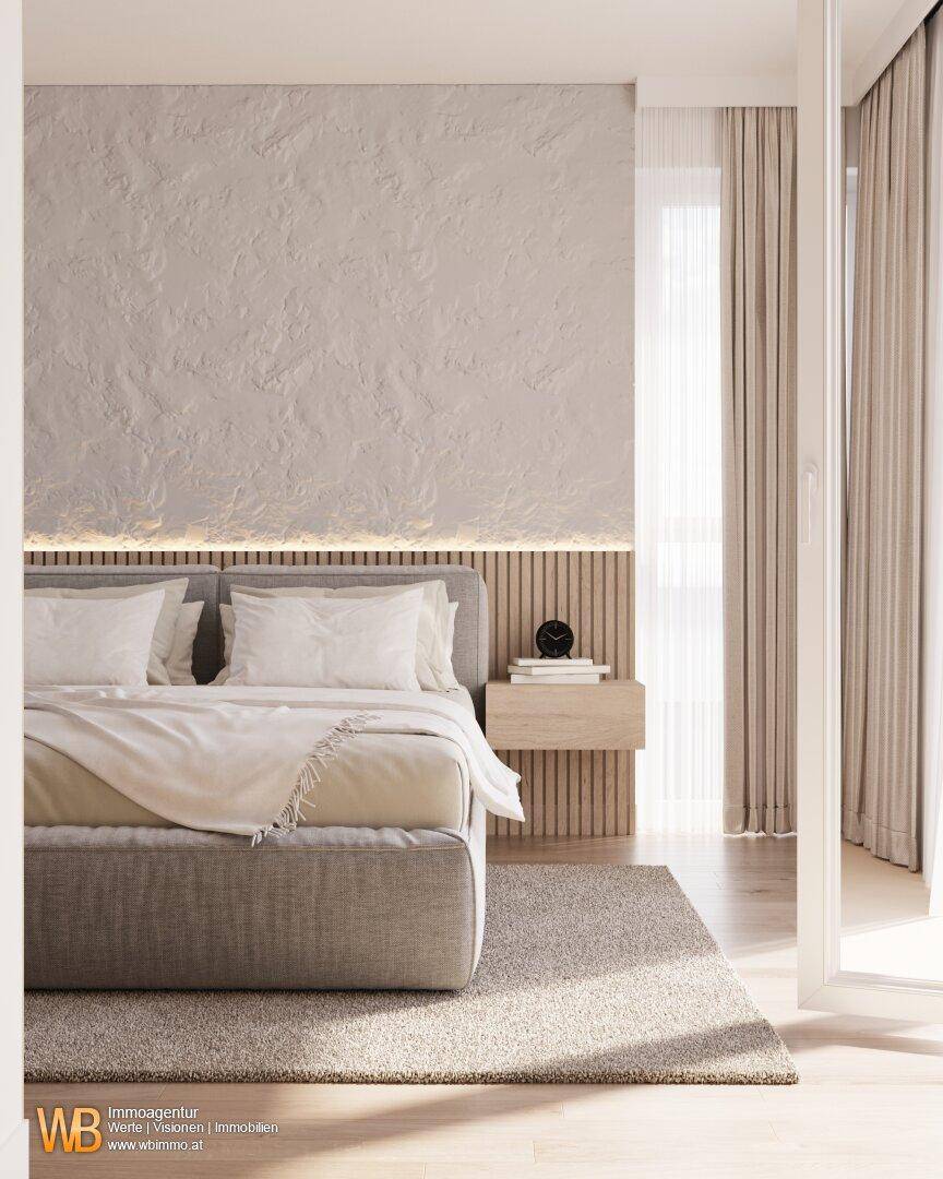 Modernes Schlafzimmer mit Doppelbett, Holzelementen und indirekter Beleuchtung.