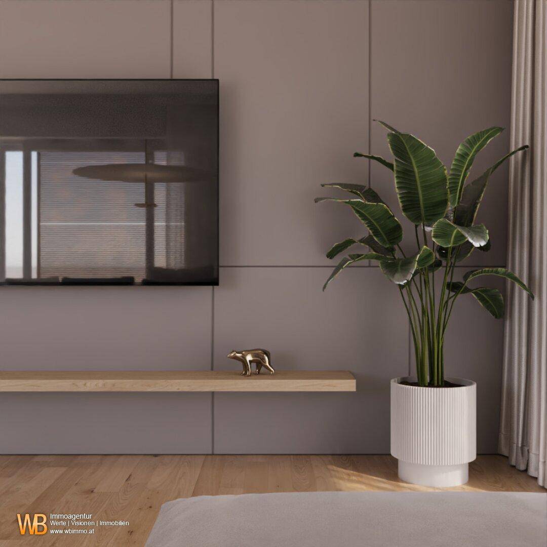 Modernes Wohnzimmer mit Wandpaneelen, schwebendem Regal und großem Fernseher.
