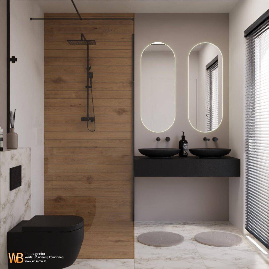 Modernes Badezimmer mit Doppelwaschbecken, schwarzer Toilette und begehbarer Dusche mit Holzverkleidung.