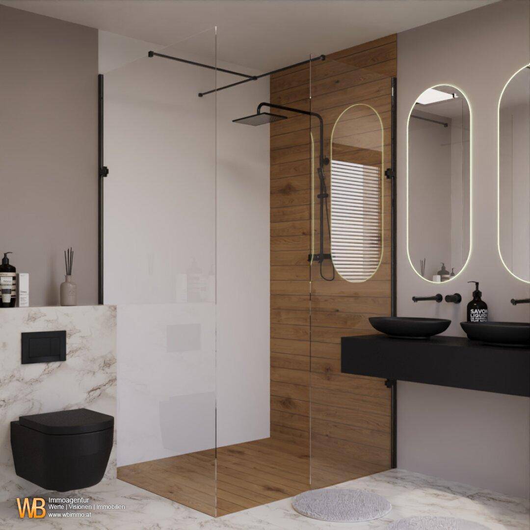 Elegantes Badezimmer mit Glasdusche, Holzpaneelen und beleuchteten Spiegeln über den Waschbecken.