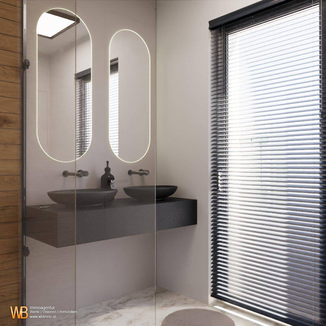 Detailansicht des modernen Badezimmers mit Doppelwaschbecken, beleuchteten Spiegeln und Fenster mit Jalousien.