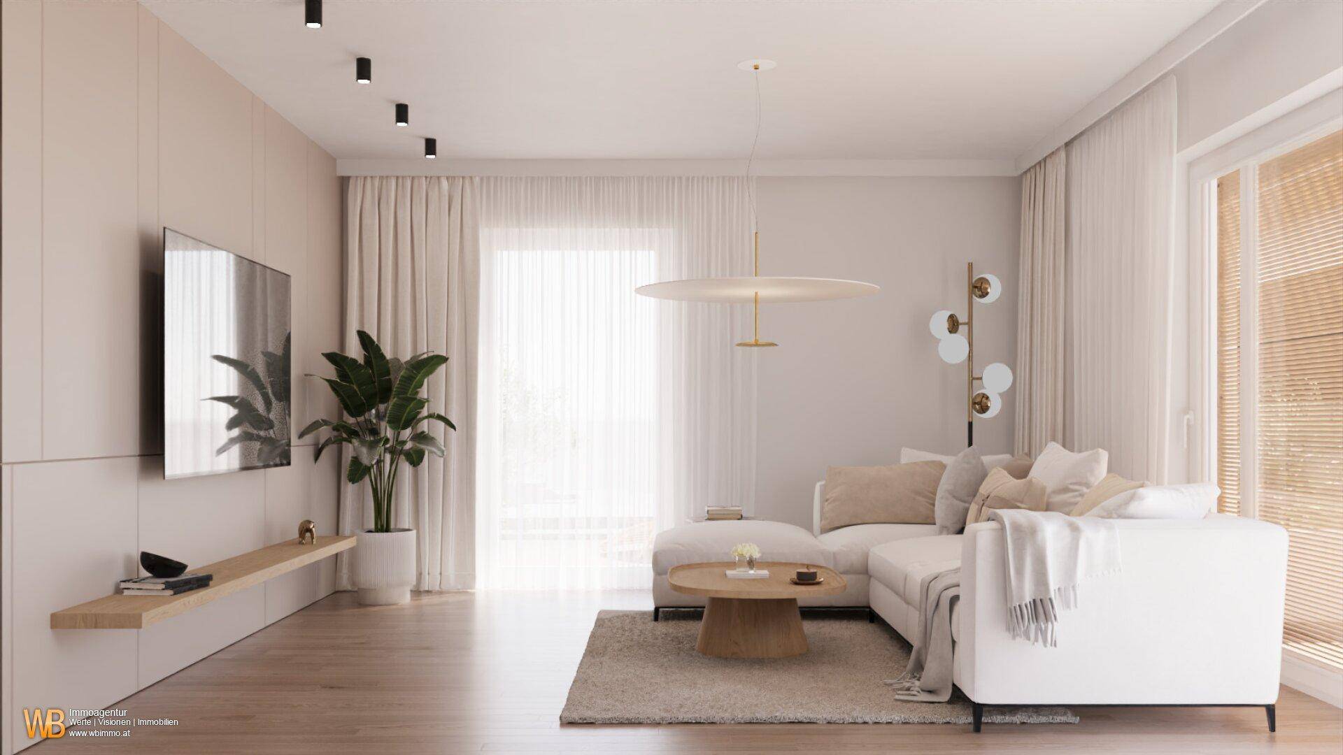 Geräumiges Wohnzimmer mit heller Einrichtung, großem Sofa, Fernseher und Zugang zum Balkon.