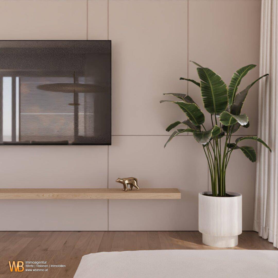 Modernes Wohnzimmer mit Wandpaneelen, schwebendem Regal und großem Fernseher.