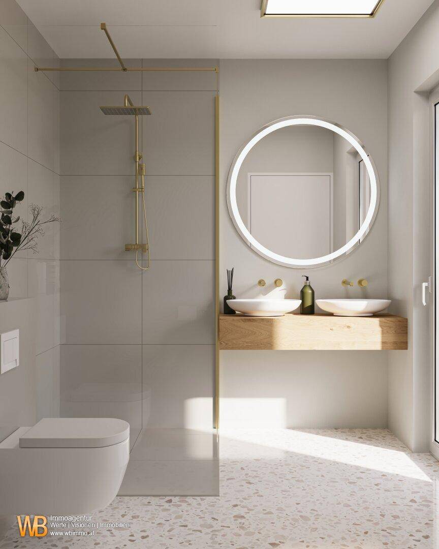 Modernes Badezimmer mit begehbarer Dusche, Doppelwaschbecken, beleuchtetem Spiegel und Fenster.