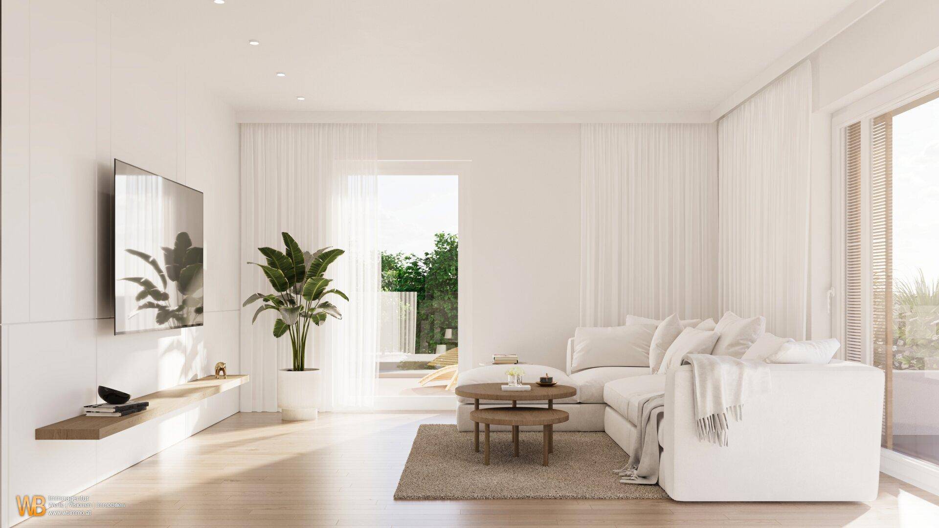 Lichtdurchflutetes Wohnzimmer mit bequemer Couch, modernem TV und Zugang zum Gartenbereich.