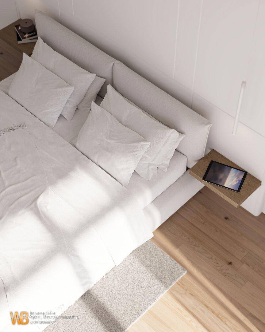 Gemütliches Schlafzimmer mit minimalistischem Design, Holzboden und schwebenden Nachttischen.