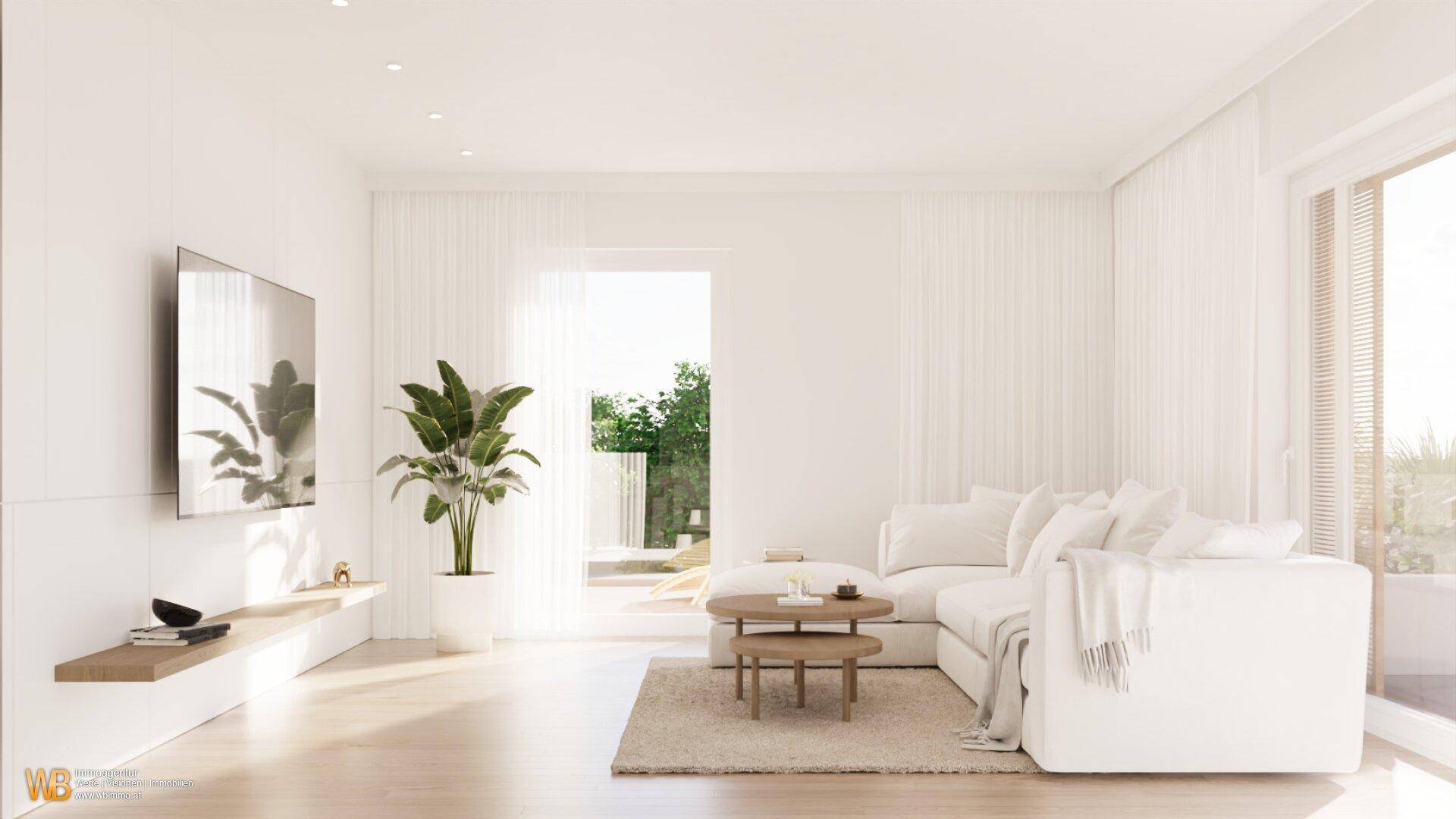 Lichtdurchflutetes Wohnzimmer mit bequemer Couch, modernem TV und Zugang zum Gartenbereich.