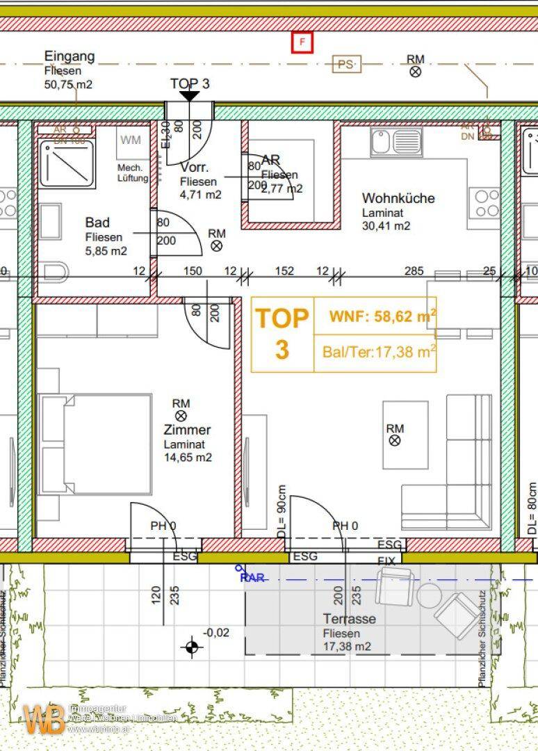 Detaillierter Grundriss von TOP 3 mit Wohnküche, Schlafzimmer, Bad und großer Terrasse.