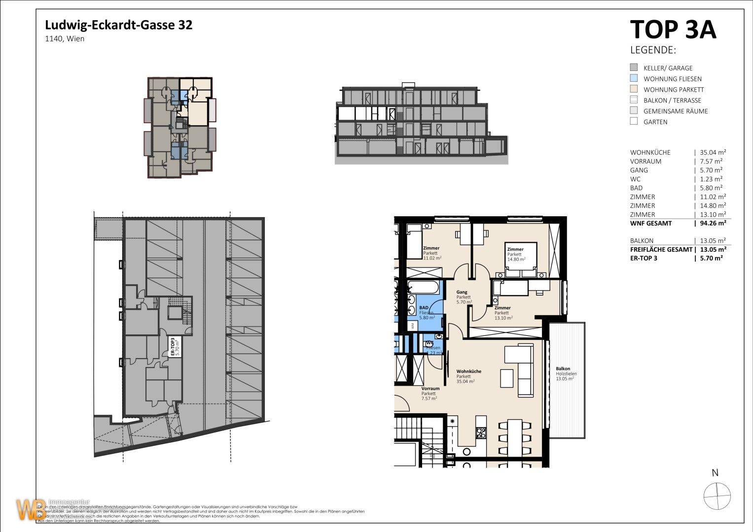 Detaillierter Grundrissplan der Wohnung TOP 3A mit offener Wohnküche, Bad, separatem WC und Balkon.