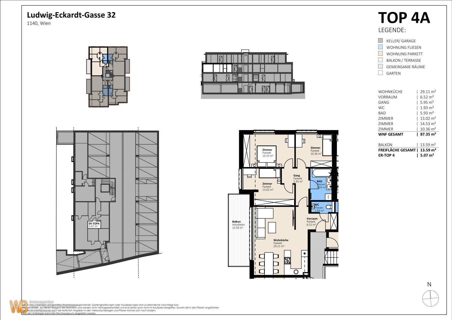 Grundriss der Wohnung TOP 4A mit offenem Wohnbereich, drei Zimmern, Bad, WC und Balkon.