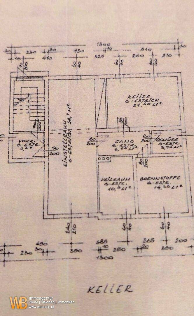 Grundriss des Kellers mit Heizraum, Lagerflächen und Abstellraum.