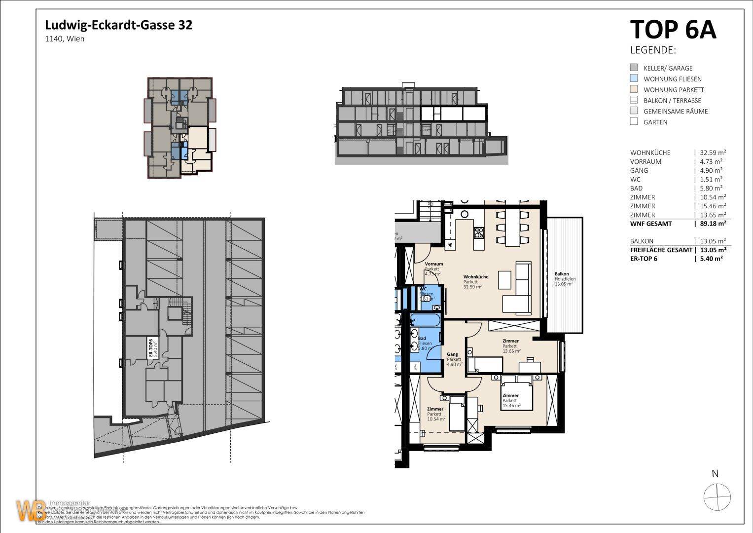 Grundrissplan der Wohnung TOP 6A mit offener Wohnküche, zwei Zimmern, Bad, separatem WC und Balkon.