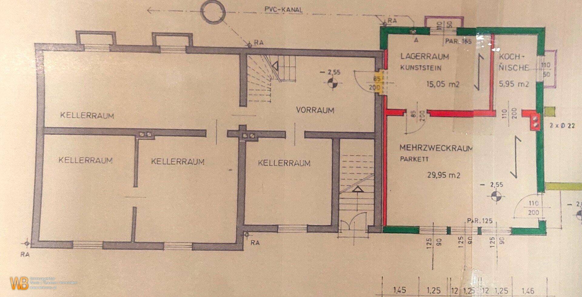 Grundriss des Kellergeschosses mit Kellerräumen, Vorraum und Mehrzweckraum.