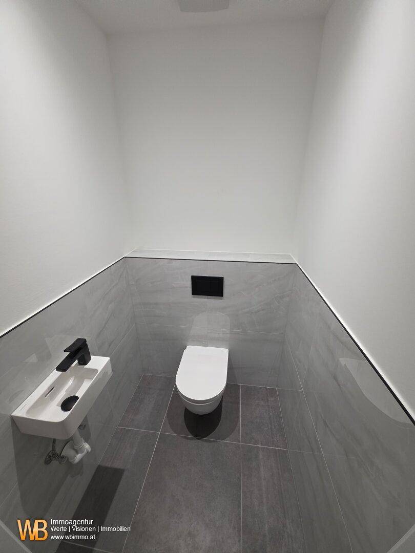 Modernes Gäste-WC mit grauen Fliesen, wandhängendem WC und kleinem, stilvollem Waschbecken.