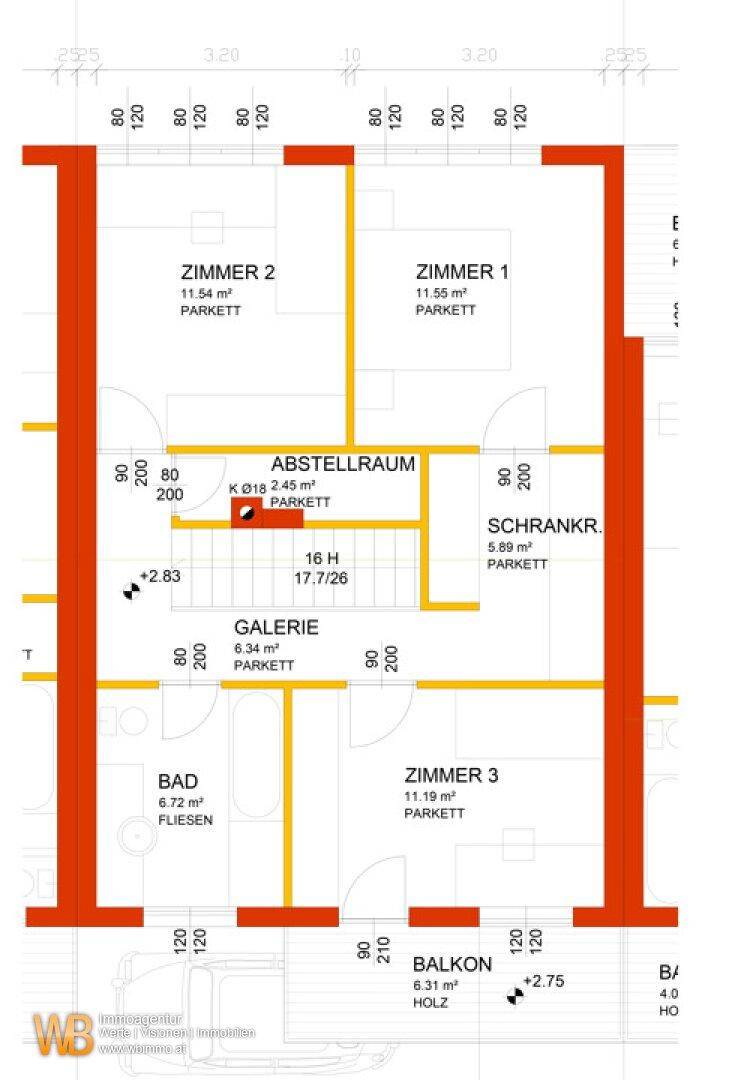 Grundriss des Obergeschosses mit drei Zimmern, Bad, Abstellraum und Balkon.