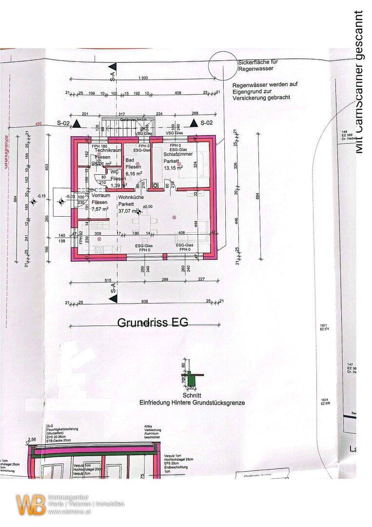 Grundriss des Erdgeschosses mit Wohnküche, Schlafzimmer, Bad und WC.